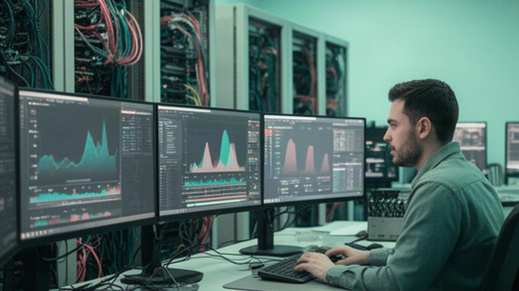 Game operations engineer reviewing multiplayer server dashboards at a workstation in a Virginia operations room